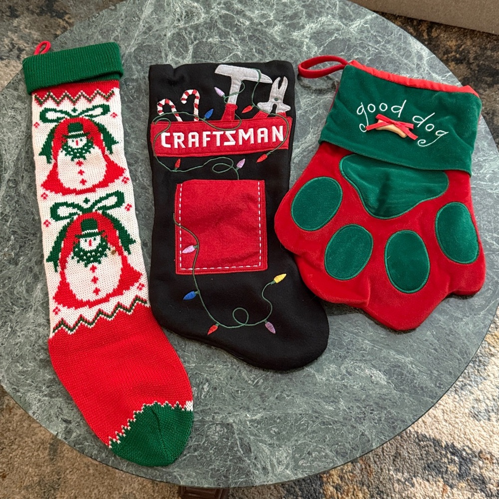 Three Christmas Stockings 
Craftsman with pocket 
Good Dog 
Knit Snowman - Picture 10 of 10